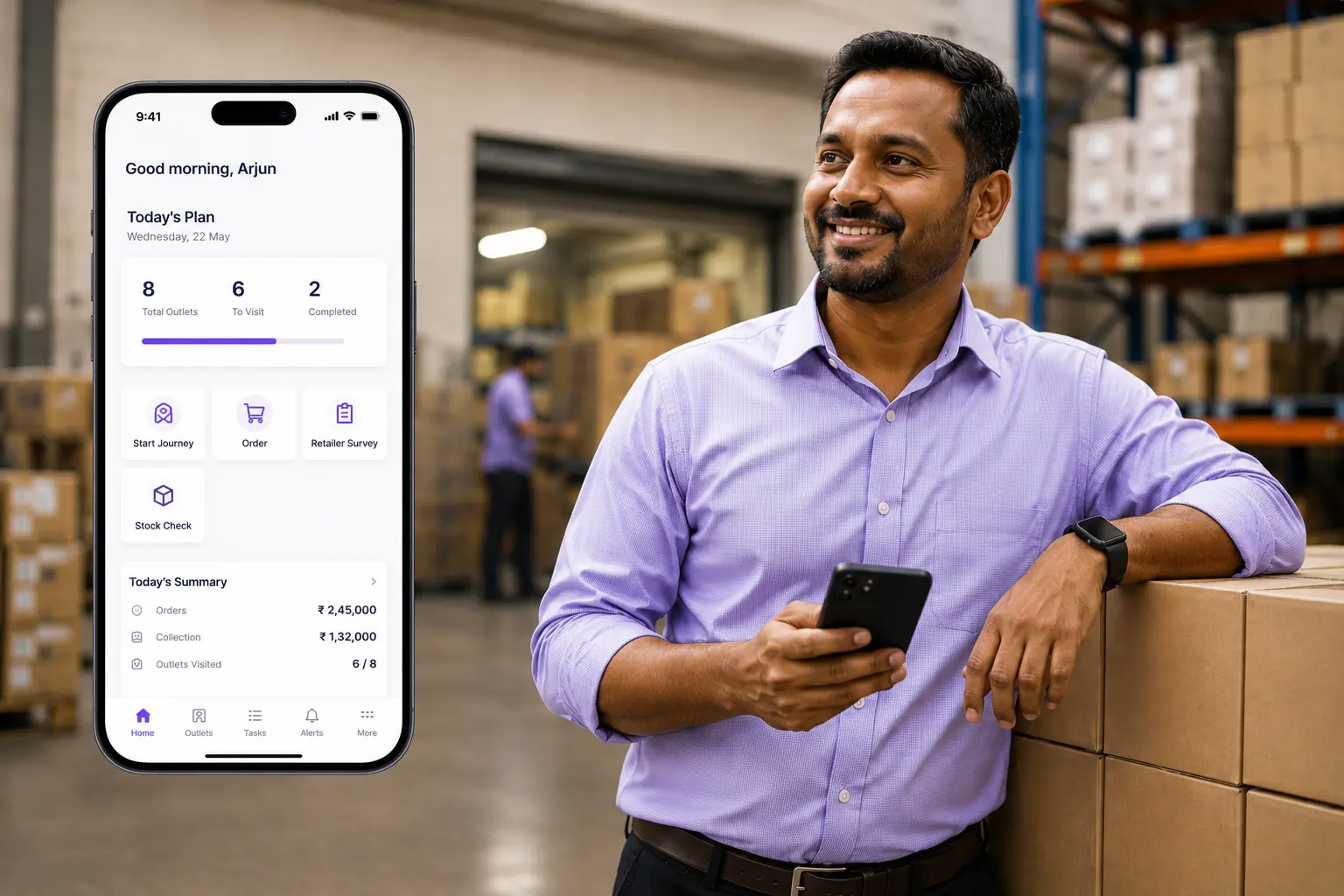 Outlet visibility dashboard providing FMCG sales leaders with real-time insights into outlet coverage, field execution, sales performance, stock availability, beat adherence, and collection efficiency across the distribution network.
