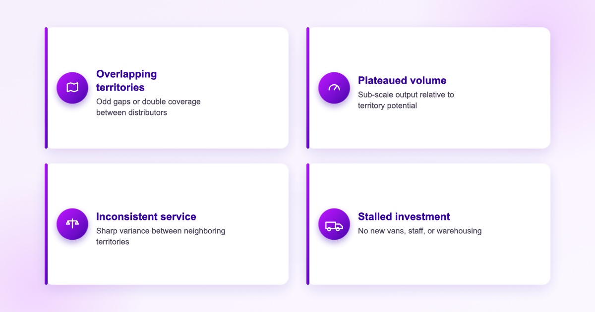 Mga senyales ng distributor fragmentation: magkapatong na teritoryo, sub-scale na volume bawat distributor, hindi pare-parehong service level, at natigil na investment sa infrastructure.