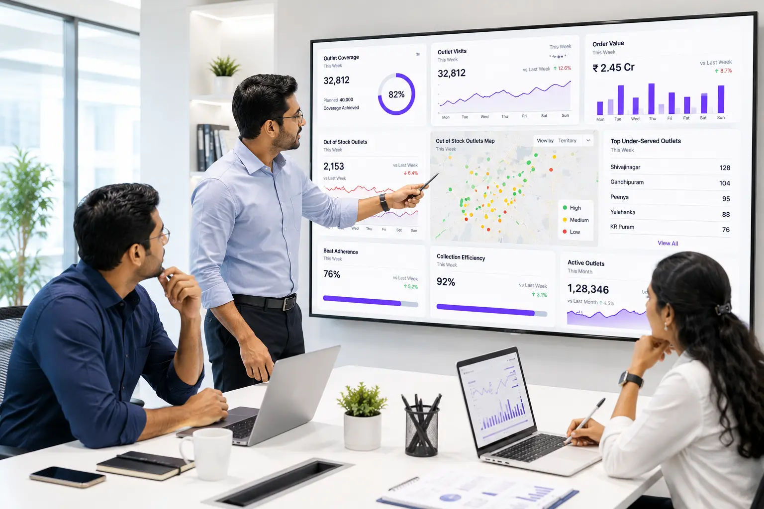 Outlet visibility dashboard providing FMCG sales leaders with real-time insights into outlet coverage, field execution, sales performance, stock availability, beat adherence, and collection efficiency across the distribution network.