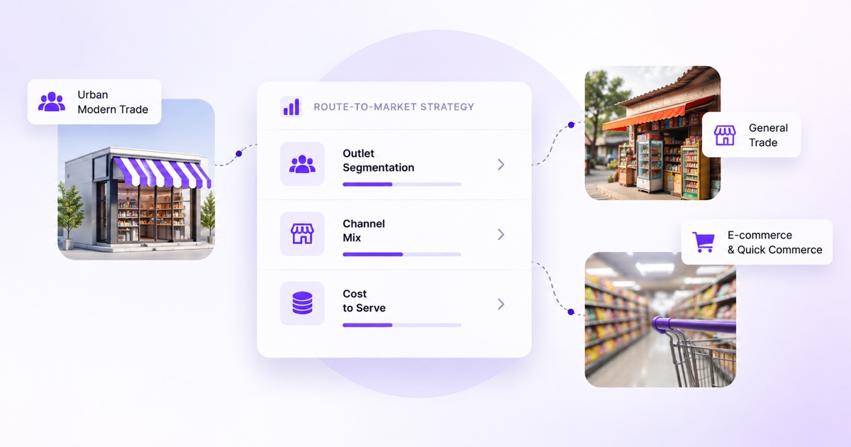 Framework para sa paggawa ng FMCG route-to-market strategy na sumasaklaw sa outlet segmentation, channel mix, at cost-to-serve.