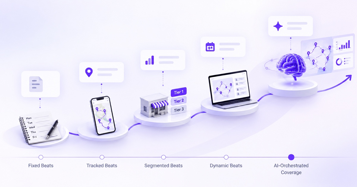 Five-stage na maturity model para sa route-to-market execution mula sa fixed beats hanggang AI-orchestrated na coverage.