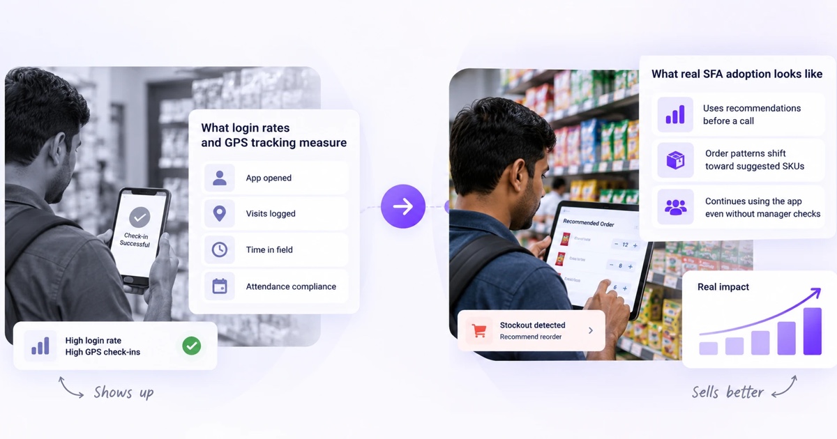 Framework for measuring real sales force automation adoption beyond login rates and GPS tracking.