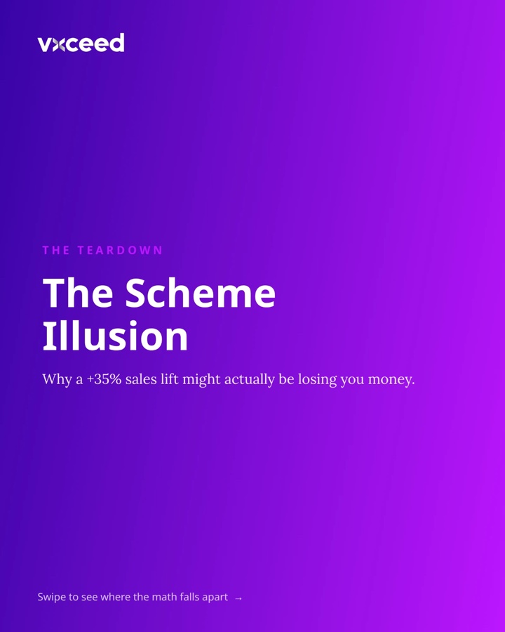 The Scheme Illusion: why a +35% sales lift might actually be losing you money. Slide 1 of 9.