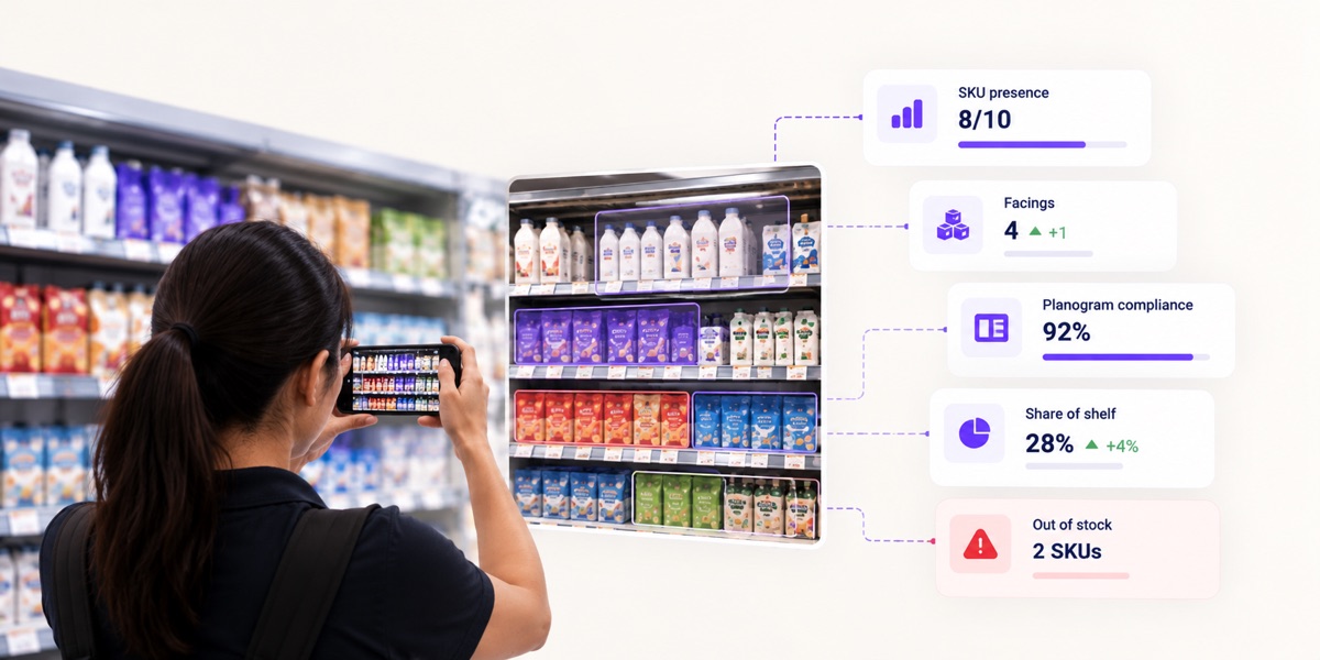 A field rep photographs a store shelf while e-merchandising software scores SKU presence, facings, planogram compliance, share of shelf and out-of-stocks.